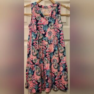 Lilly Pulitzer Girls V-Neck Tiered Dress • Fan Sea Pants Print • M
